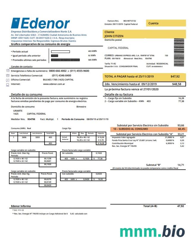 Argentyna Edenor łatwe do wypełnienia narzędzie bill szablon w programie Word (.doc) i PDF (.pdf) format